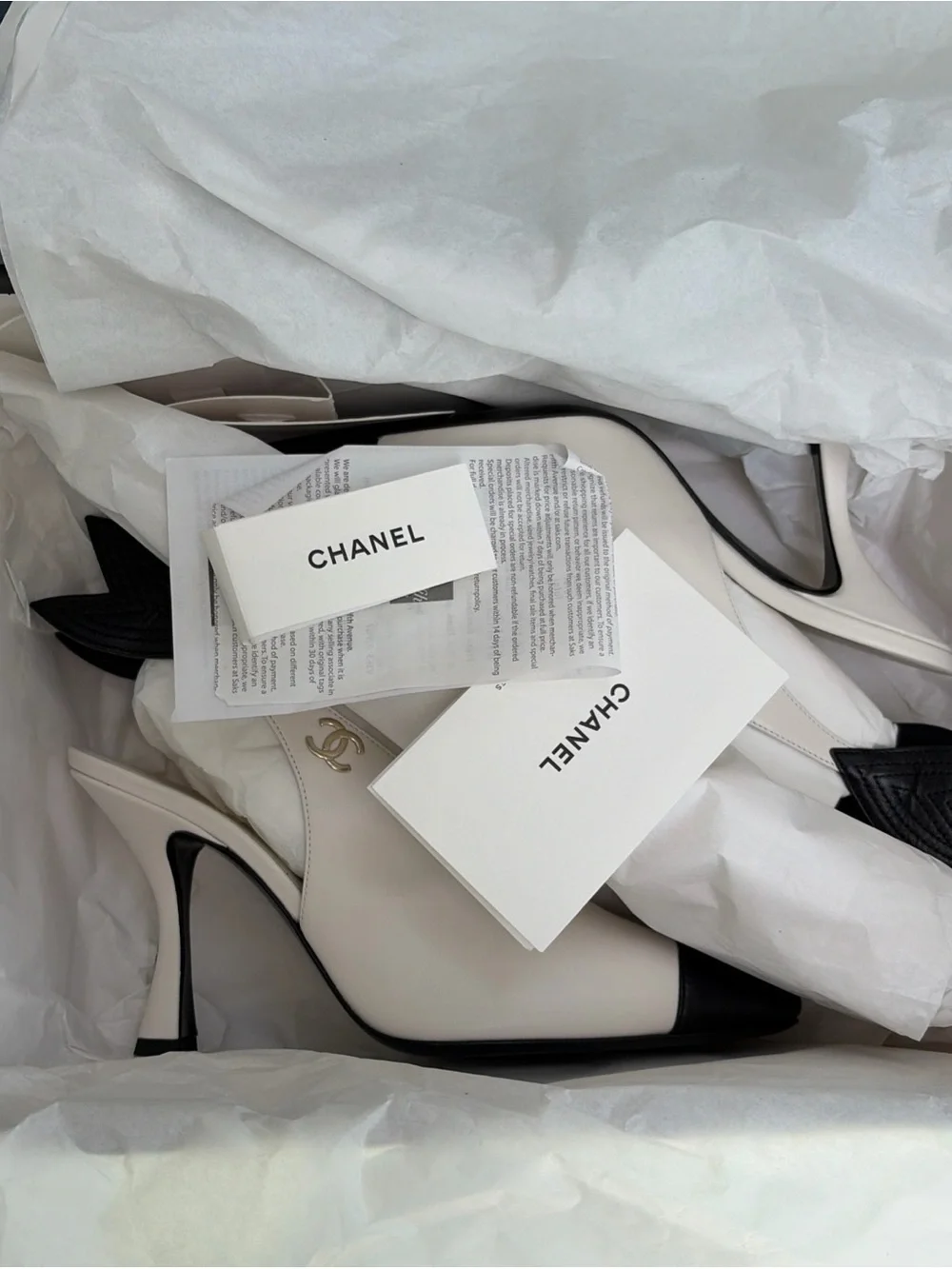 26A  Chanel Slingback  with Wings Lambskin  White & Black Size 38.5 New/receipt